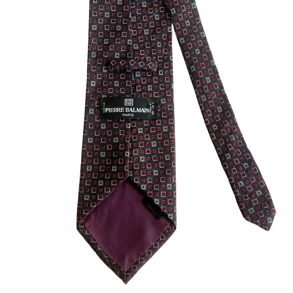 Pierre‎ BALMAIN 100% Silk Handmade Designer Tie Burgundy Geometric Retro Necktie